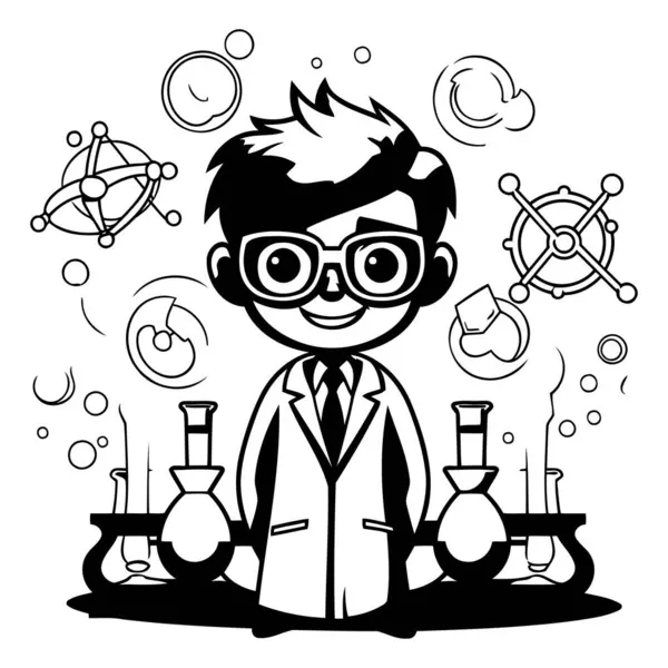 Kimyasal elementlerle dolu bir laboratuvarda bir bilim adamının siyah beyaz çizimi.