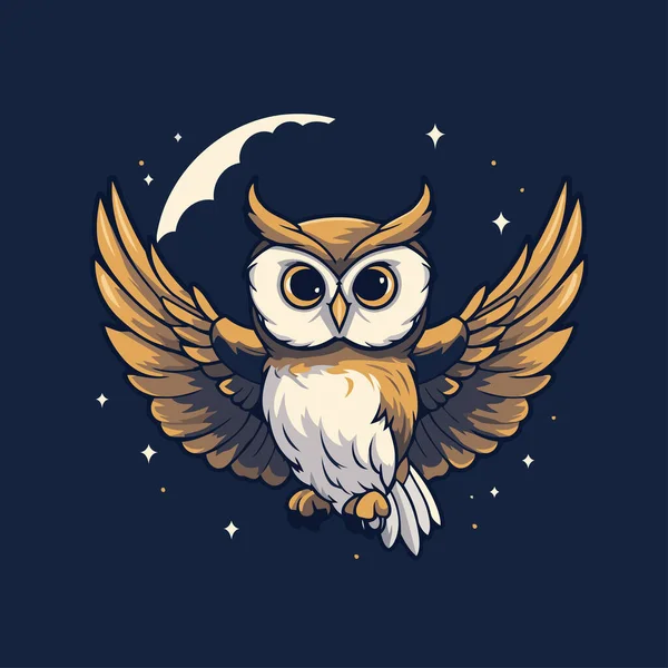 Κουκουβάγια Φτερά Και Φεγγάρι Στον Νυχτερινό Ουρανό Εικονογράφηση Διανύσματος — Διανυσματικό Αρχείο