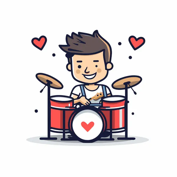 Leuke Jongen Die Drumt Cartoon Karakter Ontwerp Vectorillustratie — Stockvector