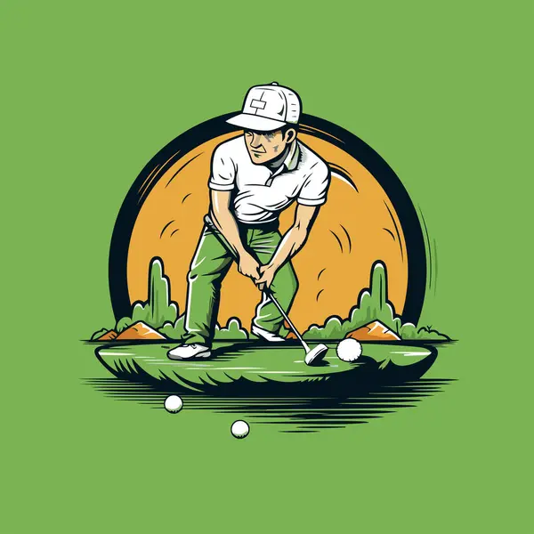 Golf Player Hits Ball Green Course Vector Illustration — Stock Vector