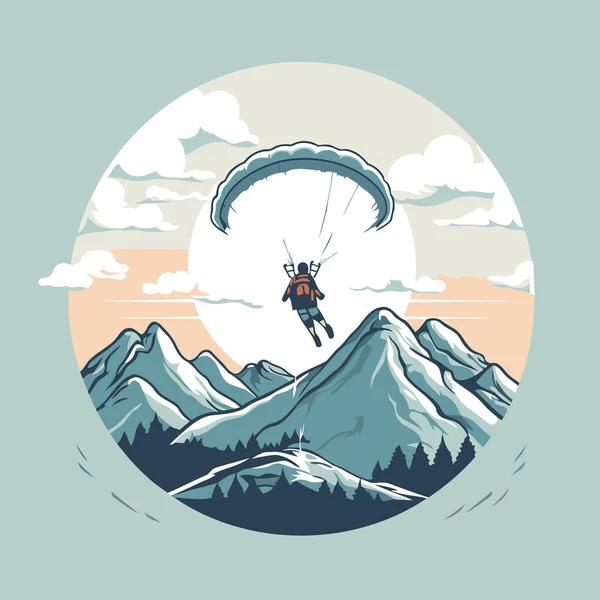 Paraglider Mountains Vector Illustration Retro Style — Stock Vector