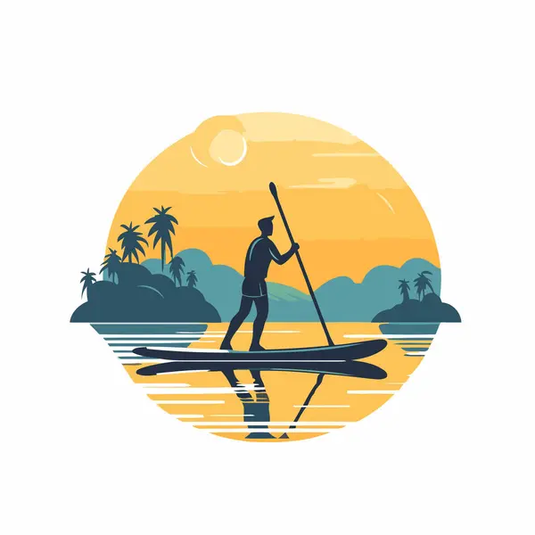 Silueta Hombre Kayak Atardecer Ilustración Vectorial — Archivo Imágenes Vectoriales