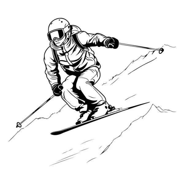 山の斜面にジャンプするスキージャンプ 黒と白のベクトルイラスト — ストックベクタ
