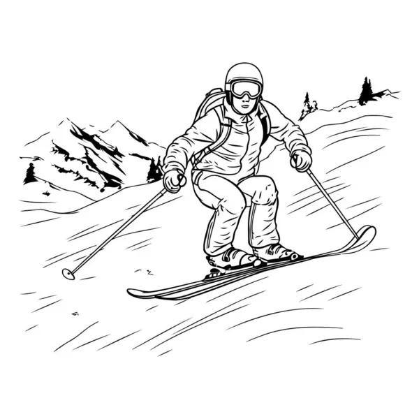 Esquiar Las Montañas Ilustración Vectorial Blanco Negro — Vector de stock