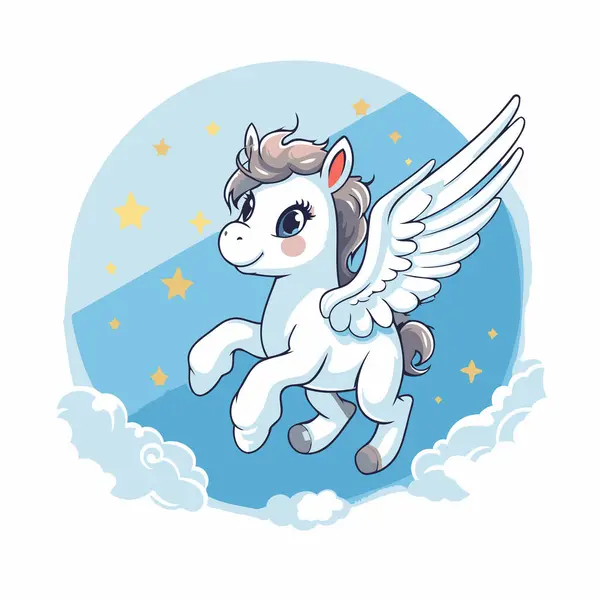 Cute Cartoon Unicorn Wings Flying Sky Vector Illustration — Stock Vector