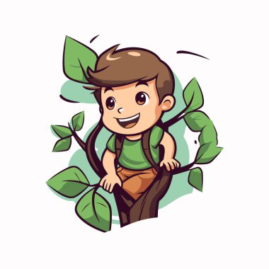 Beyaz arka planda izole edilmiş ağaca tırmanan tatlı çocuk. Vektör illüstrasyonu.