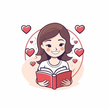 Etrafında kalpler olan bir kitap okuyan bir kızın tasviri..