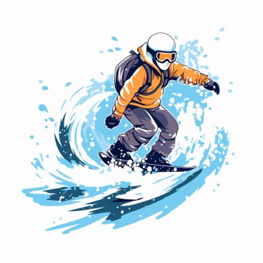 Snowboardcu iş başında. Aşırı kış sporu. Vektör illüstrasyonu.