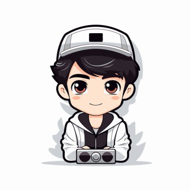 Retro Radyo Vektör Tasarımı ile Şirin Çocuk Maskot Karakteri.