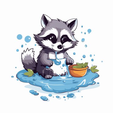 Bir kase suyla sevimli bir rakun. Vektör illüstrasyonu.