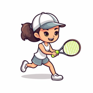 Tenis karikatürü çizen tatlı bir kız. Beyaz arkaplanda izole.