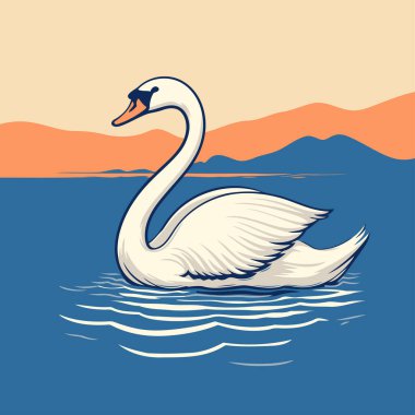 Gün batımında suda kuğu. Düz biçimli vektör illüstrasyonu