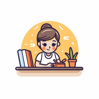 Evde çalışan tatlı bir kız. Düz biçimli vektör illüstrasyonu.