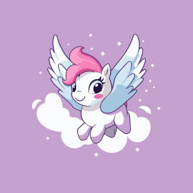 Bulutlarda uçan kanatlı şirin tek boynuzlu at çizgi filmi. Vektör illüstrasyonu.