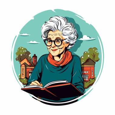 Şehirde kitap okuyan yaşlı bir kadının vektör çizimi.