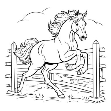 At çitin üzerinden atladı. Boyama kitabı için siyah ve beyaz vektör çizimi.