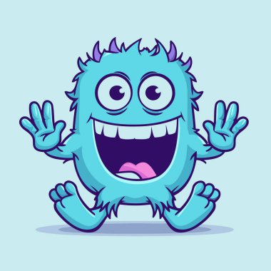 Mavi arka planda elleri olan komik çizgi film canavarı. Vektör illüstrasyonu.