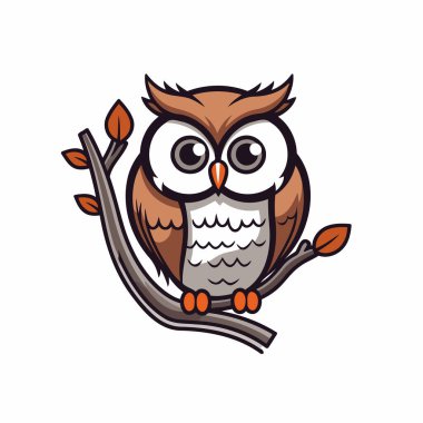 Baykuş ağaç dalında oturuyor. Sevimli çizgi film karakteri. Vektör illüstrasyonu