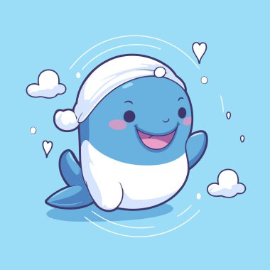 Kafasında şapkası olan sevimli bir çizgi film balinası. Vektör illüstrasyonu.