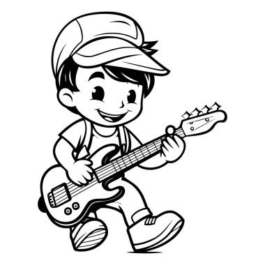 Gitar çalan küçük çocuk - Siyah ve Beyaz Çizgi Film İllüstrasyonu. Vektör