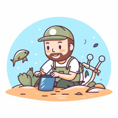 Elinde su kovası olan bir balıkçı. Çizgi film tarzında vektör illüstrasyonu