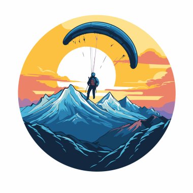 Paraglider gün batımında dağların üzerinden uçuyor. Vektör illüstrasyonu.