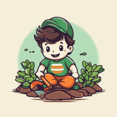 Bahçede çalışan sevimli küçük bir çocuk. çizgi film vektör illüstrasyonu.