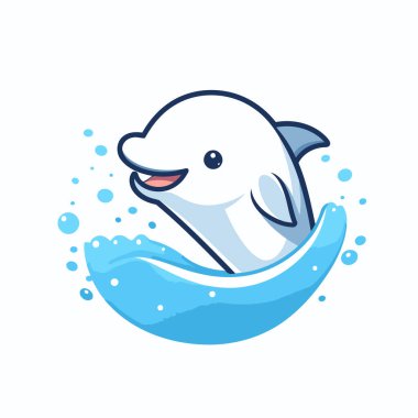 Suda yüzen sevimli çizgi film yunusu. Vektör illüstrasyonu beyaz arkaplanda izole edildi.