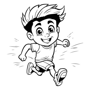 Koşan Çocuk - Siyah ve Beyaz Çizgi Film İllüstrasyonu. Vektör İllüstrasyonu