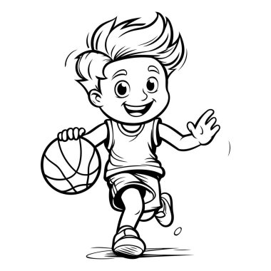 Basketbol oynayan sevimli çocuk - boyama kitabı için siyah-beyaz vektör çizimi