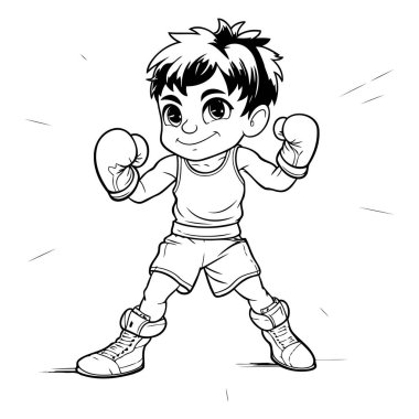 Boksör Çocuk - Siyah ve Beyaz Çizgi Film Maskot İllüstrasyonu