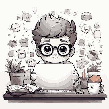 Sosyal medya ikonlarıyla dizüstü bilgisayar kullanan sevimli çocuk. vektör illüstrasyonu.