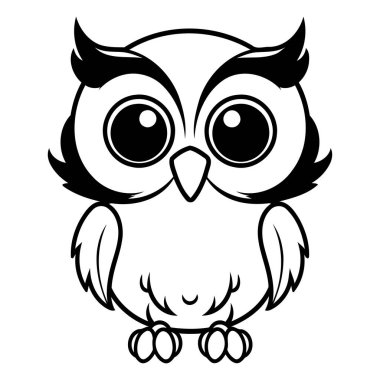 Baykuş - Beyaz Arkaplanda İzole Edilmiş Siyah ve Beyaz Çizgi Film Çizimi