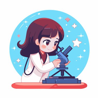 Mikroskobu olan bilim kadını. Çizgi film tarzında vektör illüstrasyonu.