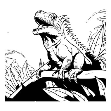 Ormanda iguana. siyah ve beyaz vektör çizimi.