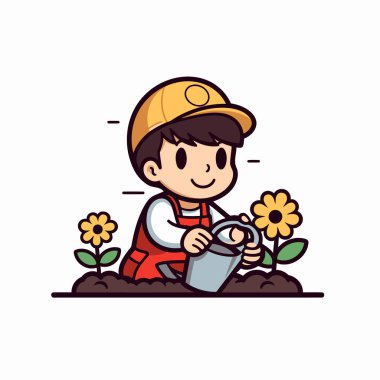 Bahçeye çiçek eken sevimli çocuk. Vektör çizgi film illüstrasyonu.