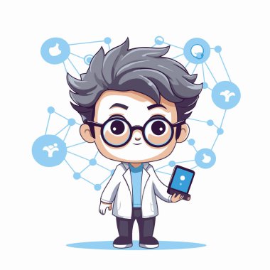 Fen laboratuarındaki önlüklü ve gözlüklü yakışıklı çocuk akıllı telefon tutuyor. Vektör illüstrasyonu.