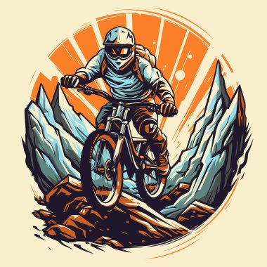 Dağ bisikletçisi dağlarda at sürüyor. Retro biçiminde vektör illüstrasyonu.