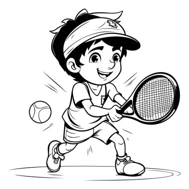 Siyah ve Beyaz Çizgi Roman Çocuk Renk Kitabı İçin Tenis Oynuyor