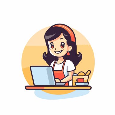 Laptop kullanan şirin küçük kız. Çizgi film tarzında vektör illüstrasyonu.