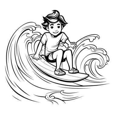 Boy surfing on wave. Black and white illustration for coloring book. clipart