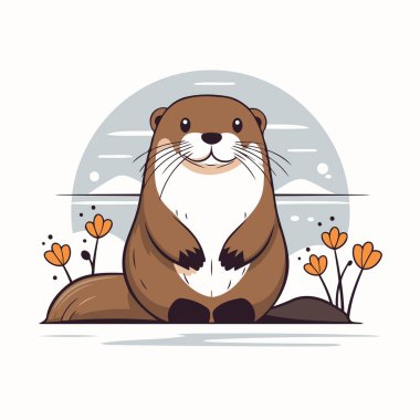 Yerde oturan sevimli su samuru. Çizgi film tarzında vektör illüstrasyonu.