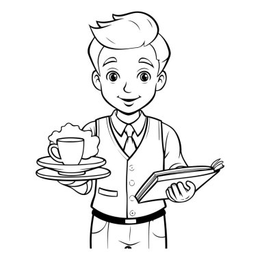 Elinde tepsi ve bir fincan kahve tutan bir garsonun resmi.