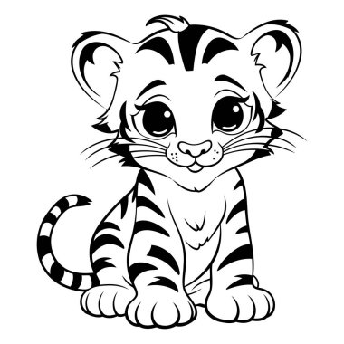 Şirin kaplan - boyama kitabı için siyah beyaz vektör çizimi.