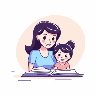 Anne ve kızı birlikte kitap okuyor. Çizgi film tarzında vektör illüstrasyonu.
