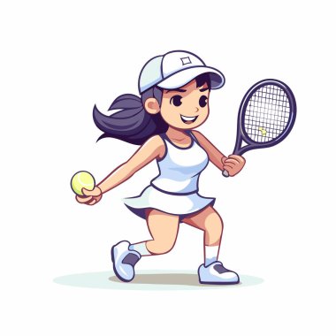 Küçük kız raketle tenis oynuyor. Çizgi film tarzında vektör illüstrasyonu.