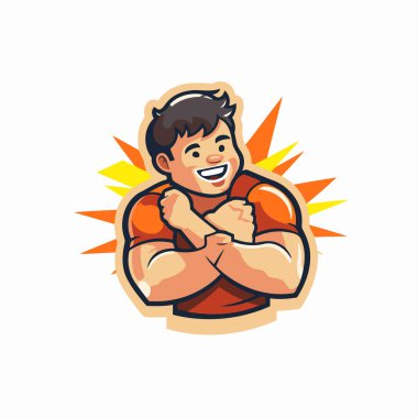 Kolları çaprazlanmış mutlu bir adamın beyaz arka planda izole edilmiş çizgi film çizimi.