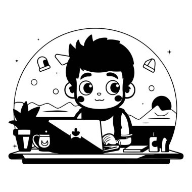 Tablo vektör çiziminde dizüstü bilgisayarı ve kahve fincanı olan çocuk grafik tasarımı