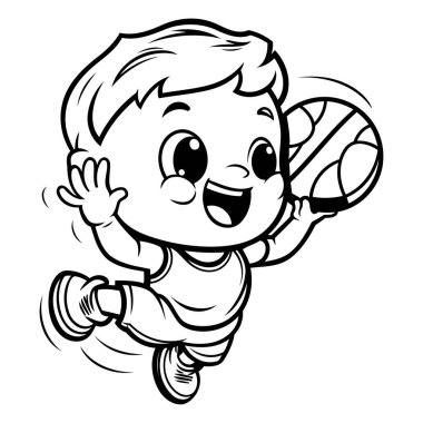 Siyah ve Beyaz Çizgi Film İllüstrasyonu Basketbol Oynayan Şirin Küçük Çocuk. Vektör