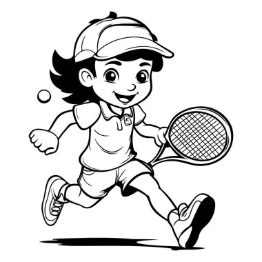 Tenis Oynayan Bir Çocuğun Çizgi Film Çizimi - Boyama Kitabı
